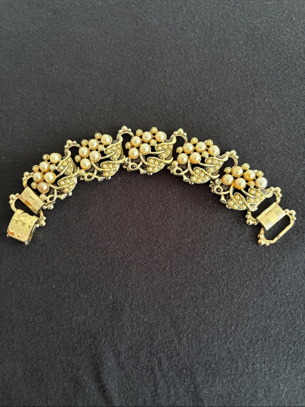 Vintage Gold and Pearl Floral Link Bracelet - Women Jewelry